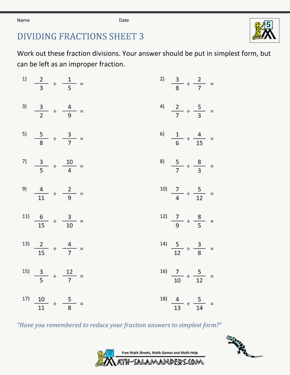 Dividing Fractions And Mixed Numbers Worksheets 6th Grade