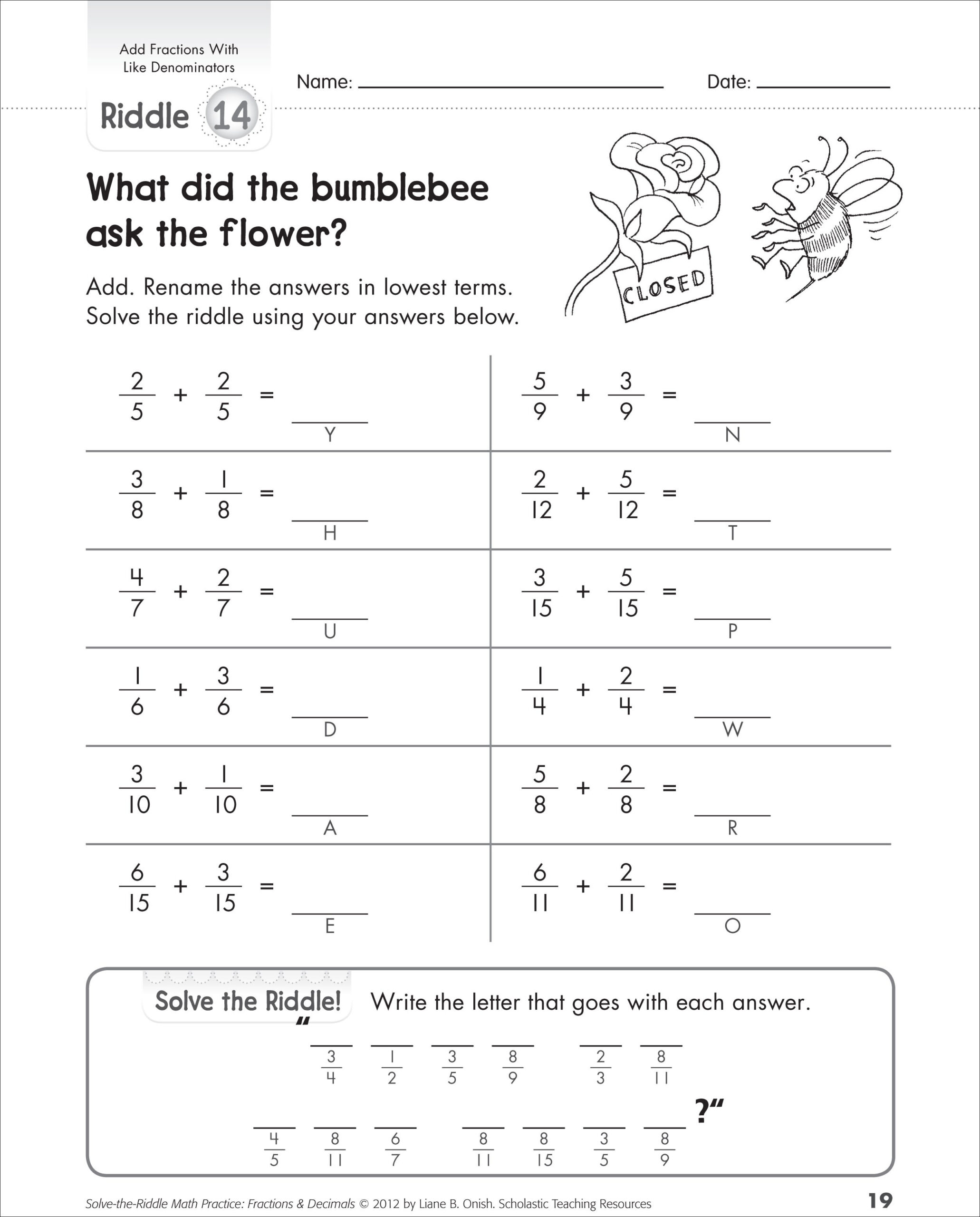 Adding Subtracting Fractions With Unlike Denominators Worksheet