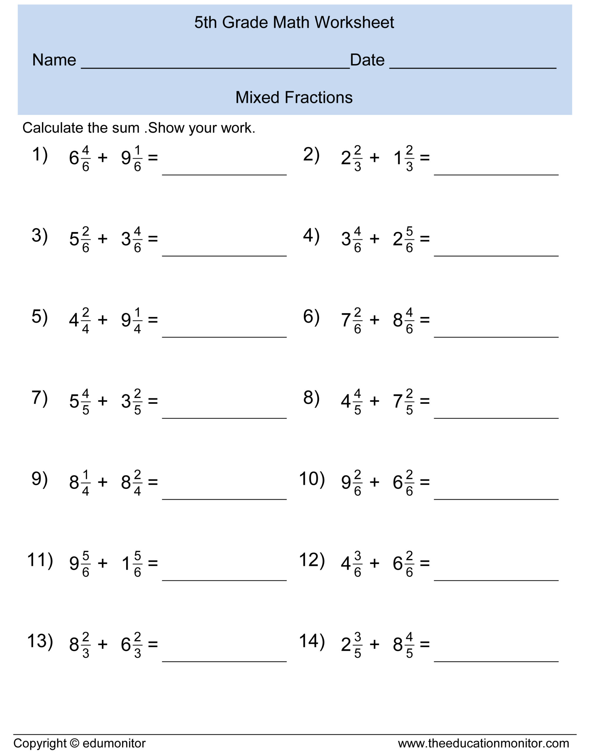 5th Grade Mixed Fractions Worksheets