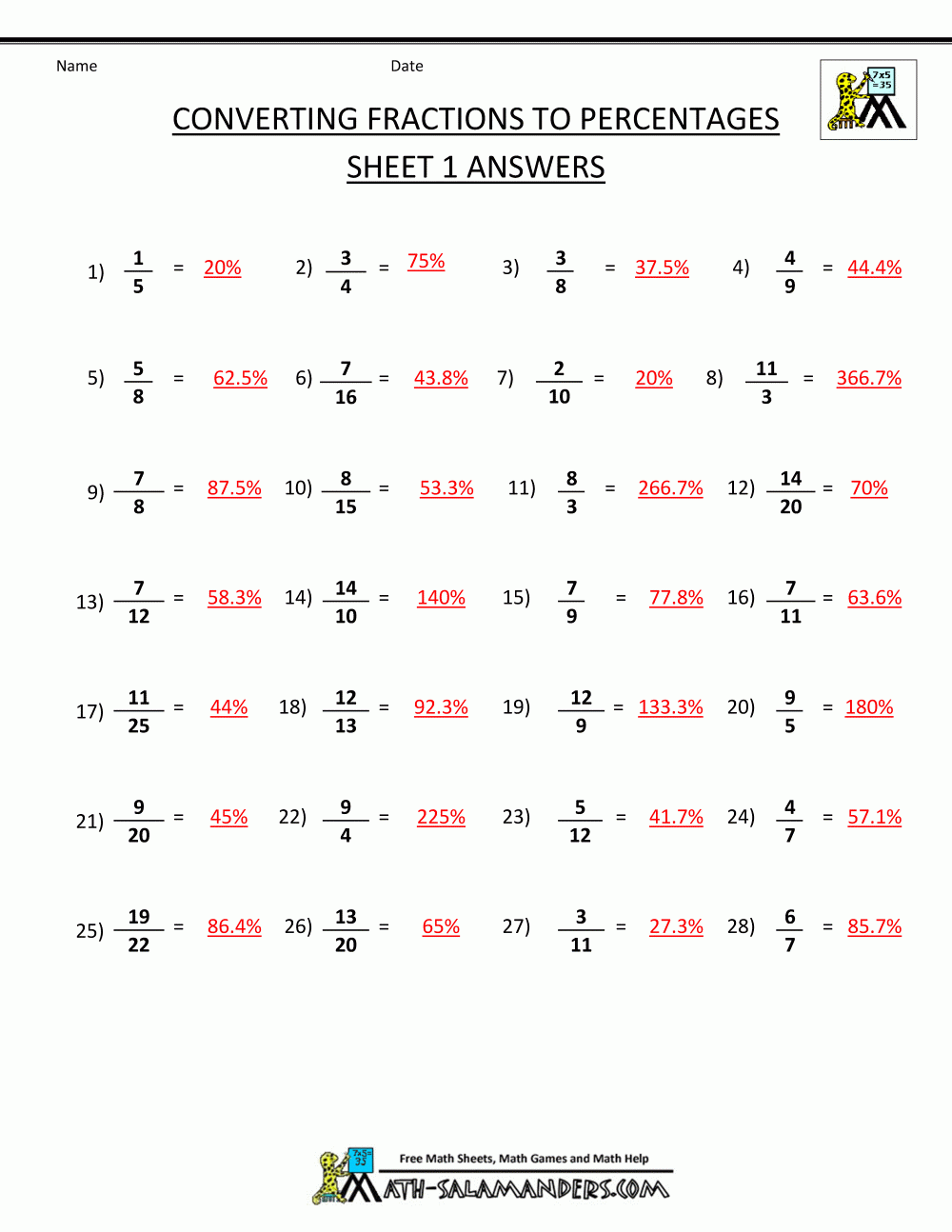 Converting Decimals To Fractions To Percents Worksheet