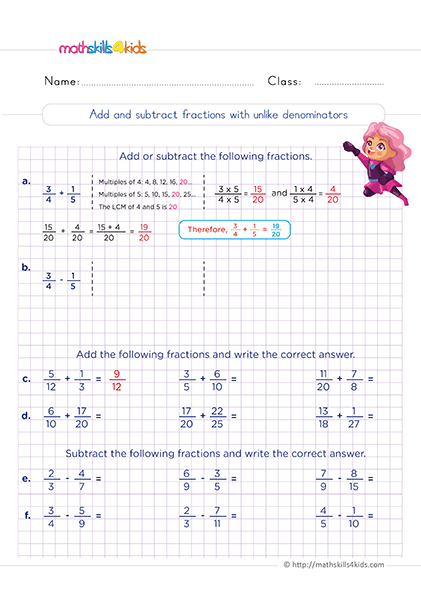 Subtracting Fractions With Unlike Denominators Worksheet