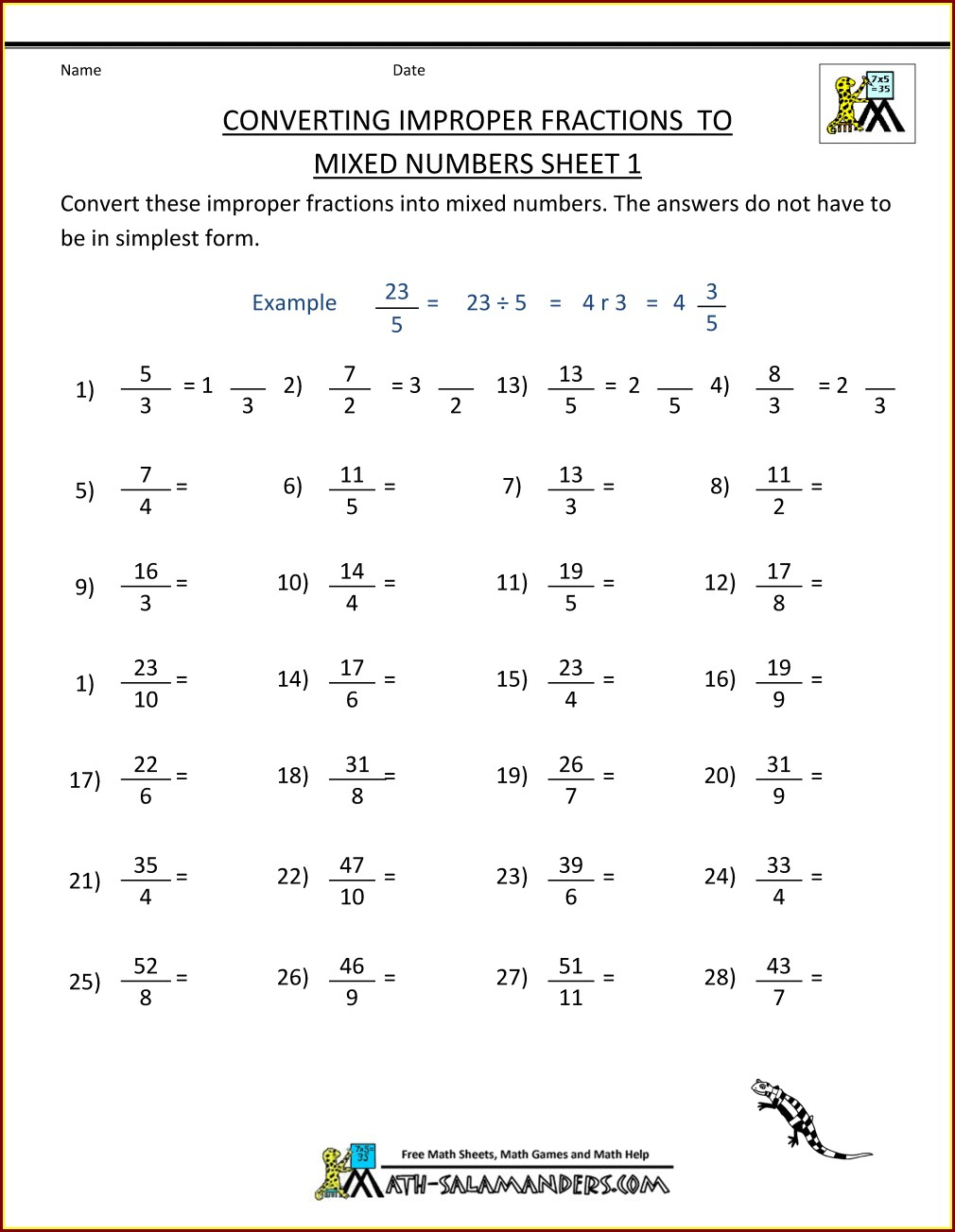 4th Grade Improper Fractions To Mixed Number Worksheets