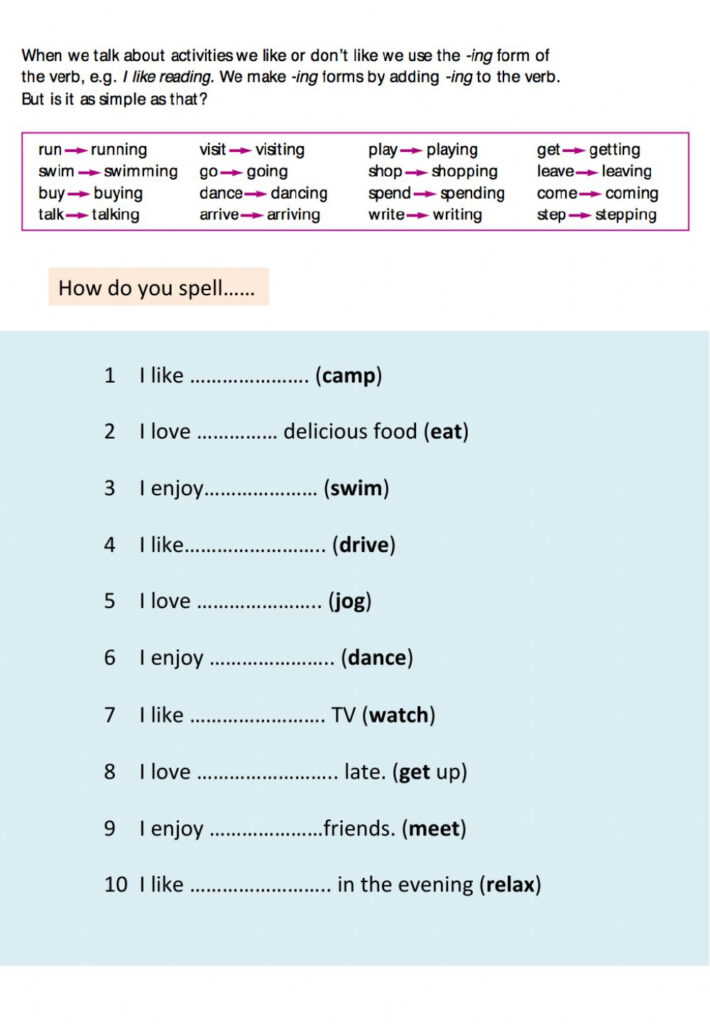 Activities verb Ing Worksheet