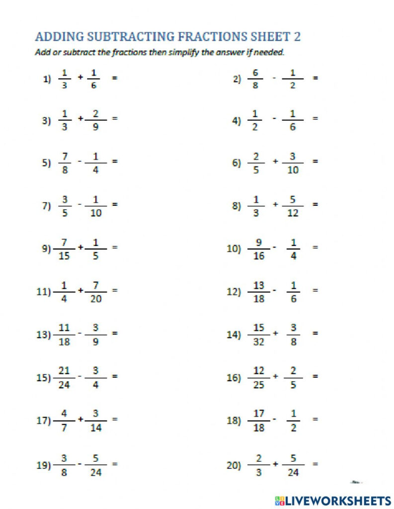 Add And Subtract With Unlike Denominators 1 Worksheet