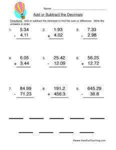 Add Subtract Decimals Worksheet Have Fun Teaching Decimals