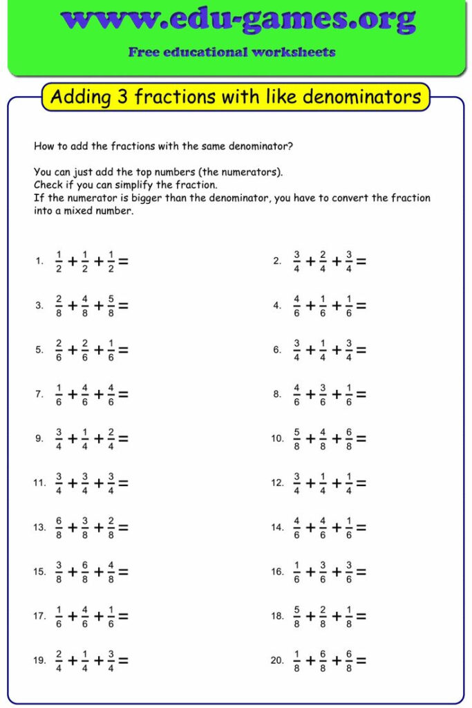 Adding 3 Fractions With Like Same Denominators Worksheets Create 