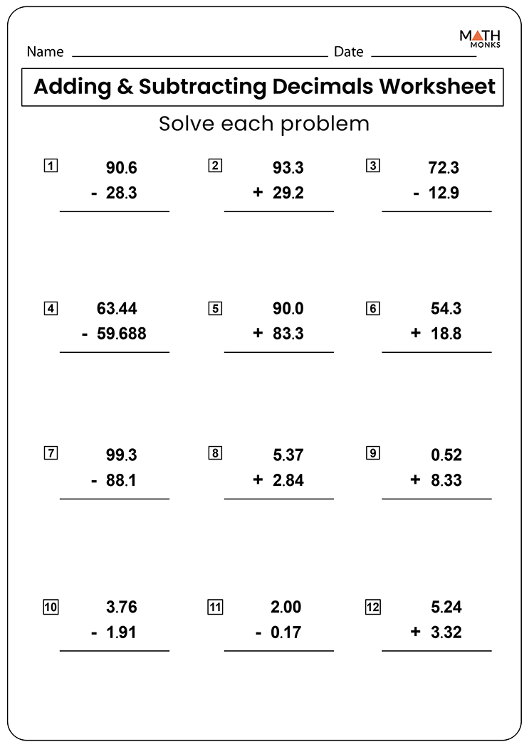 Adding And Subtracting Decimals Worksheets Math Monks