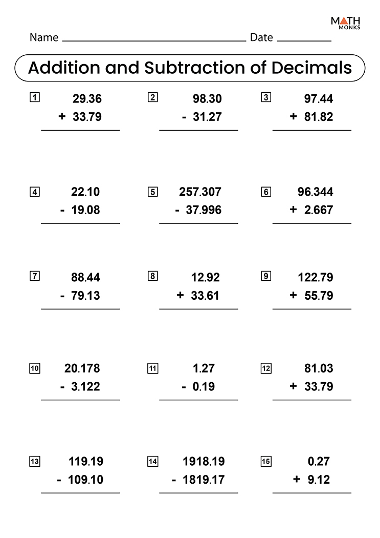 Adding And Subtracting Decimals Worksheets Math Monks