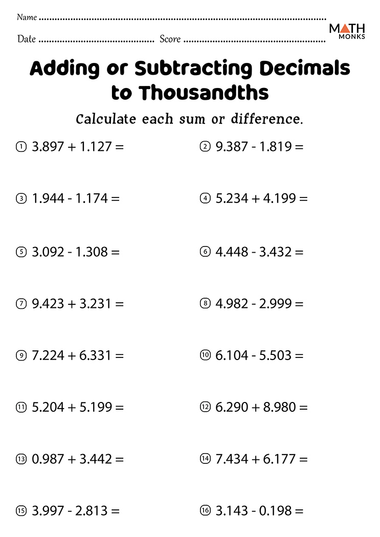 Adding And Subtracting Decimals Worksheets Math Monks