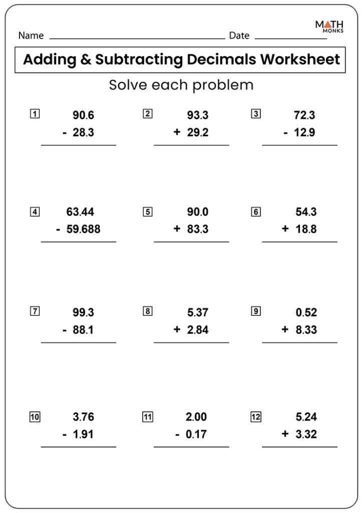 Adding And Subtracting Decimals Worksheets Math Monks