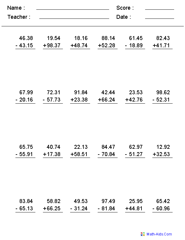 Adding And Subtracting Fractions And Decimals Worksheet Pdf