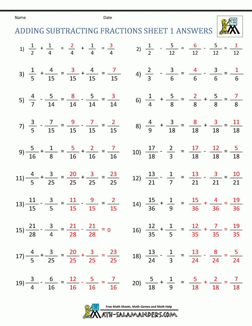 Subtracting Negative Fractions Worksheets