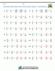 Adding And Subtracting Fractions Multiple Choice Worksheets Times