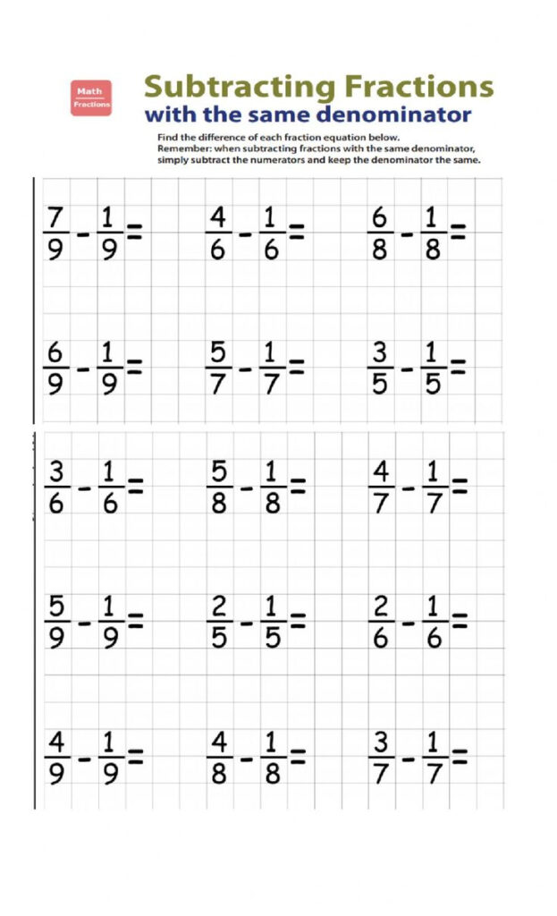 Adding And Subtracting Fractions With Like Denominators Worksheet 