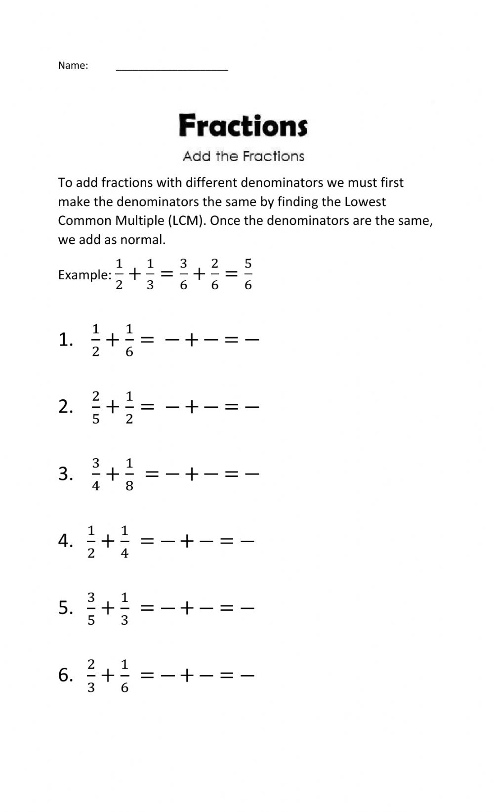 Add And Subtract Fractions With Unlike Denominators Worksheet