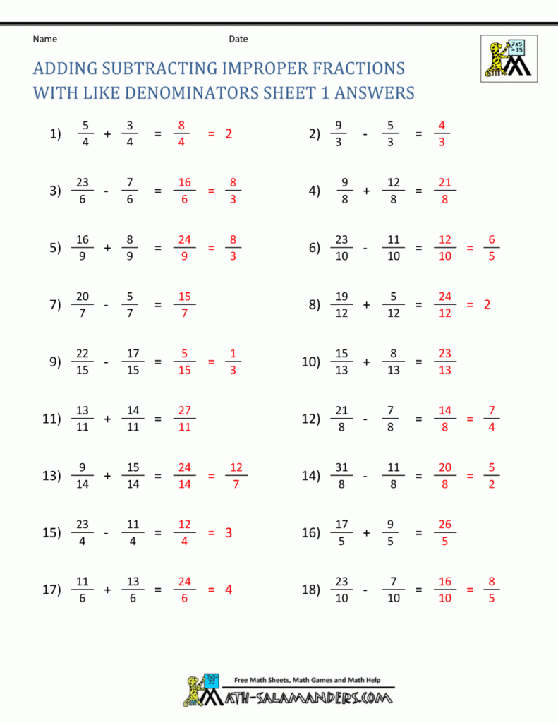 Adding And Subtracting Mixed Fractions A Grade 5 Math Worksheet 