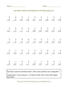 Adding And Subtracting Single Digit Numbers No Regrouping A