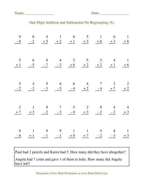 Adding And Subtracting Single Digit Numbers No Regrouping A 