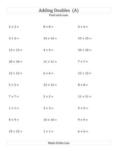 Adding Doubles Medium Numbers A Addition Worksheet