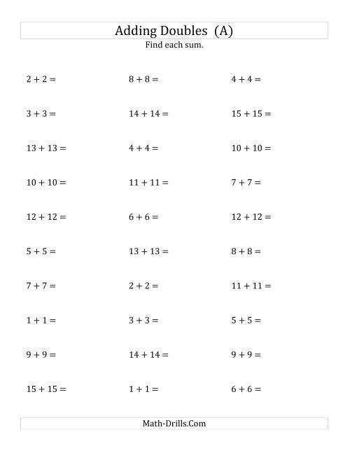 Adding Doubles Medium Numbers A Addition Worksheet