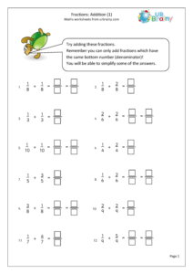 Adding Fractions 1 Fraction And Decimal Worksheets For Year 4 age