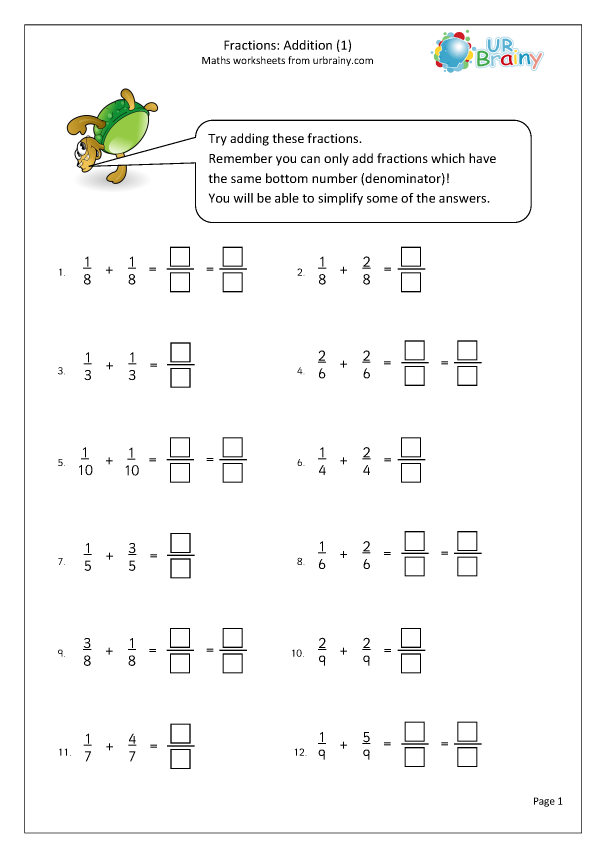 Adding Fractions 1 Fraction And Decimal Worksheets For Year 4 age 