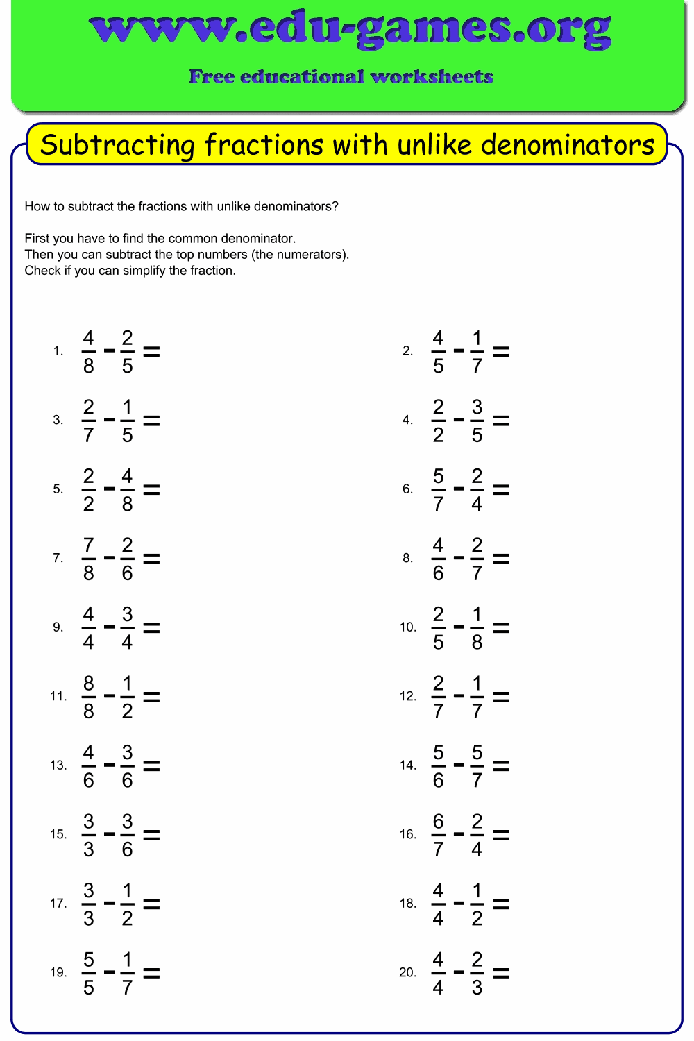 Subtraction Fraction Worksheets