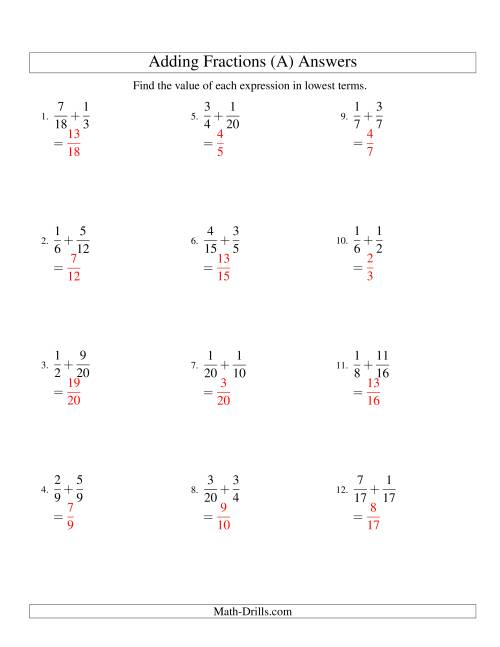 Adding Fractions With Easy to Find Common Denominators A 