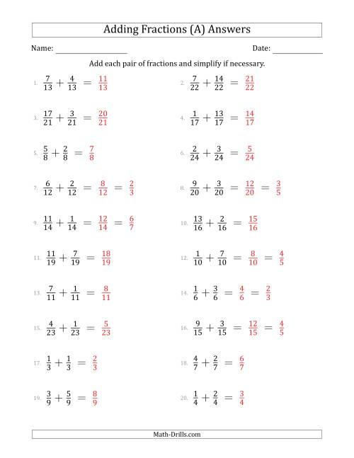 Adding Fractions With Like Denominators Simple Fraction Sums A