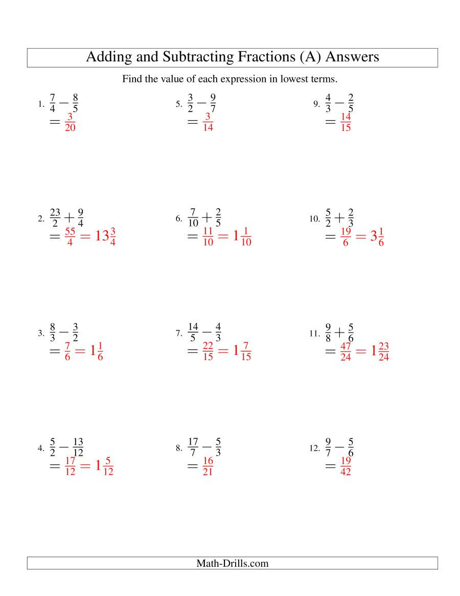 Adding And Subtracting Fractions Mixed Worksheets