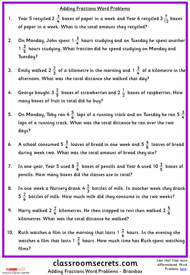 Adding And Subtracting Fractions Word Problems Worksheets 6th Grade