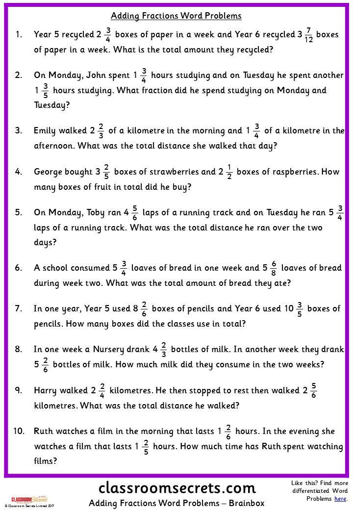 Addition And Subtraction Of Fractions Word Problems Worksheets