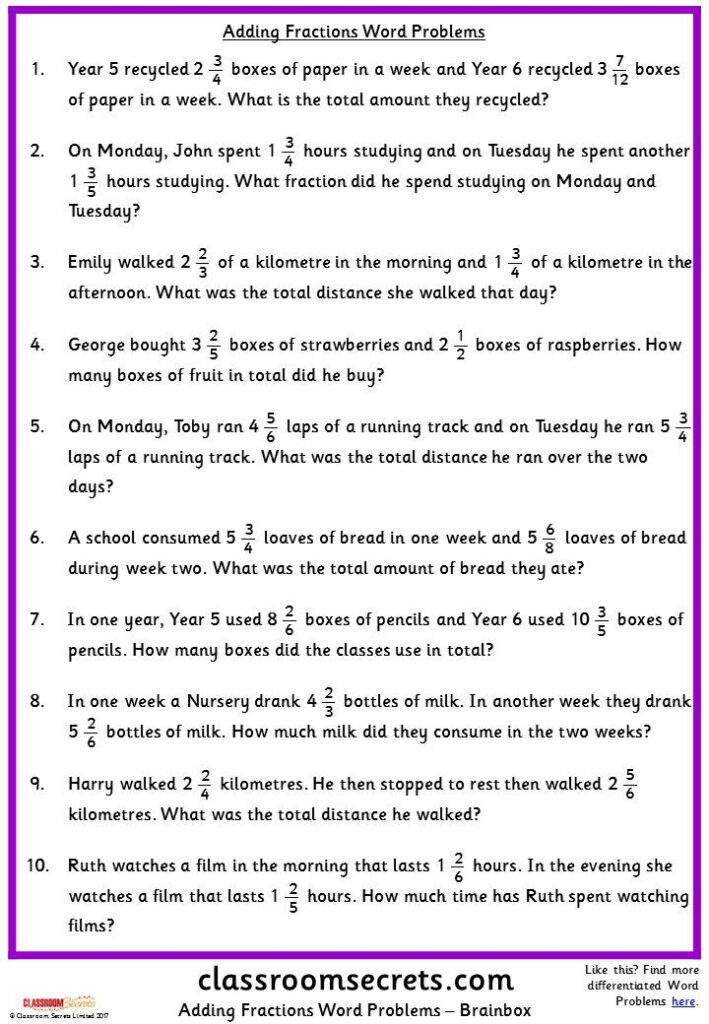 Adding Fractions Word Problems Classroom Secrets Fraction Word 