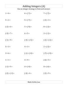 Adding Integers From 9 To 9 Negative Numbers In Parentheses A