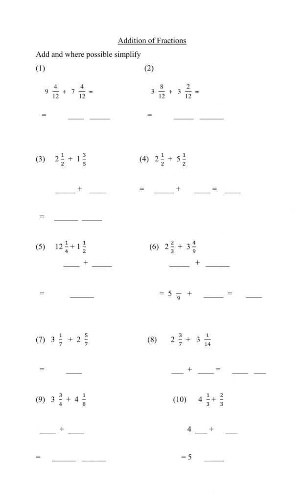 Adding Mixed Fraction Worksheet