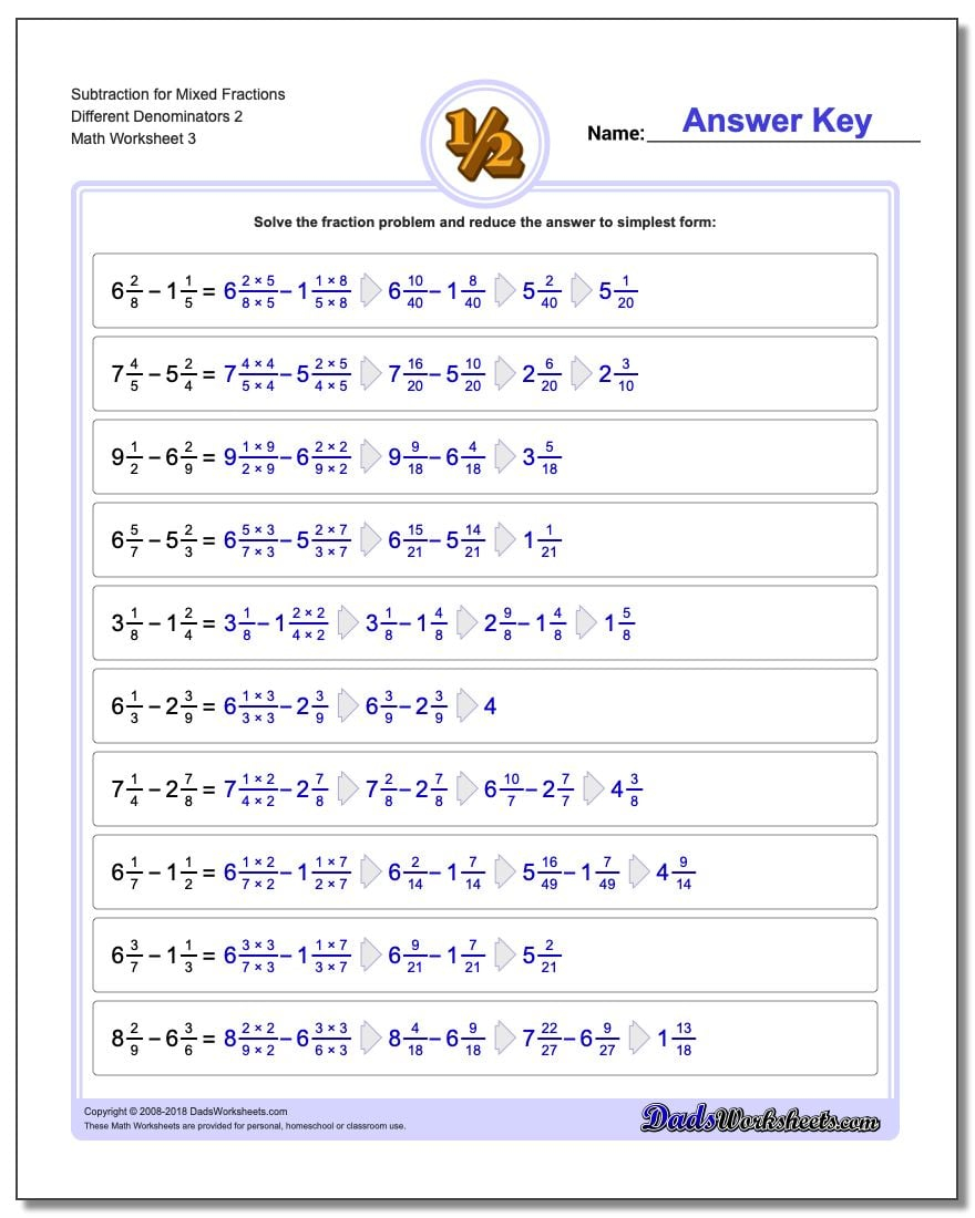 Adding 3 Fractions With Different Denominators Worksheet