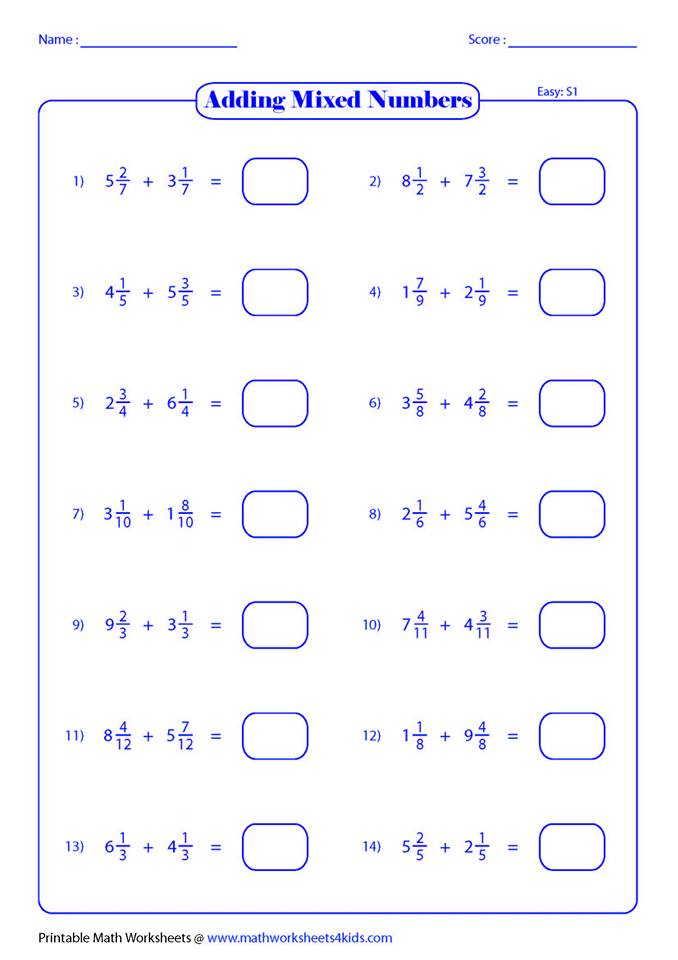 Adding Mixed Fractions Visual Worksheet