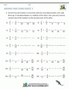 Adding Subtracting Fractions Worksheets