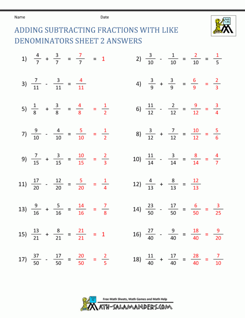 Adding Subtracting Fractions Worksheets