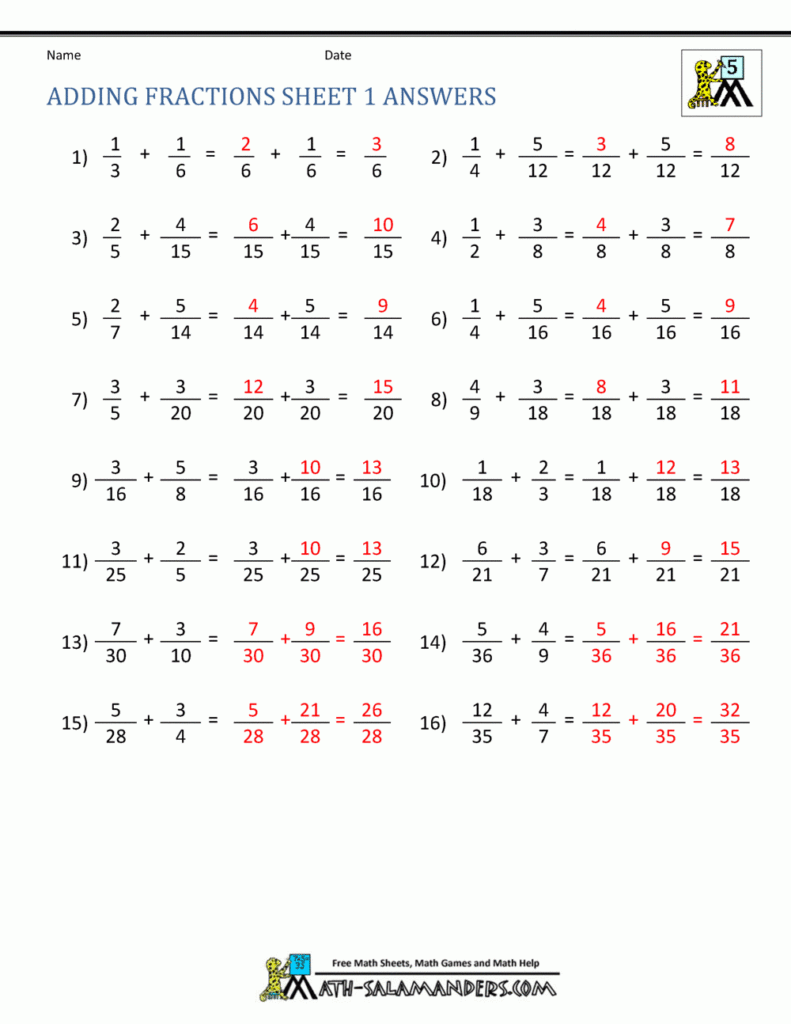 Adding Subtracting Fractions Worksheets