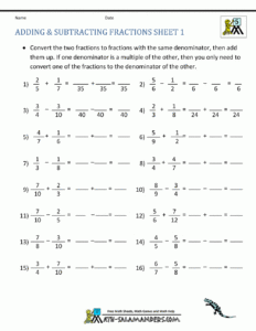 Adding Subtracting Fractions Worksheets