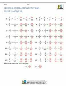 Adding Subtracting Fractions Worksheets