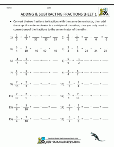 Adding Subtracting Fractions Worksheets Subtracting Fractions