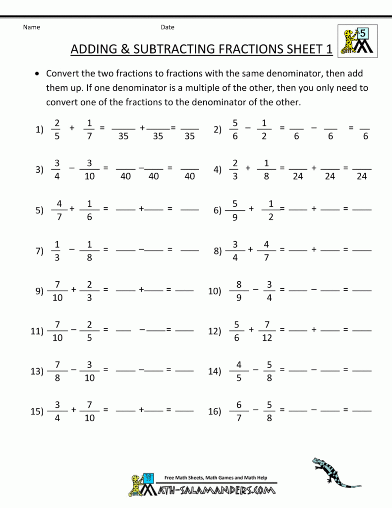 Adding Subtracting Fractions Worksheets Subtracting Fractions 