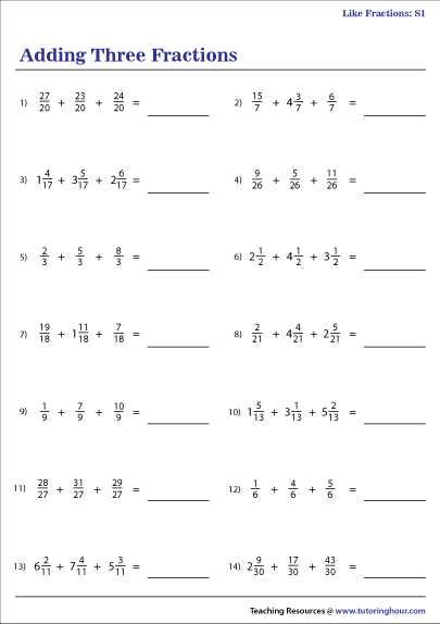 Adding Three Fractions Worksheets