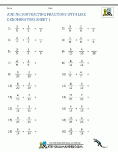 Addition And Subtraction Of Fractions With Like Denominators Worksheets