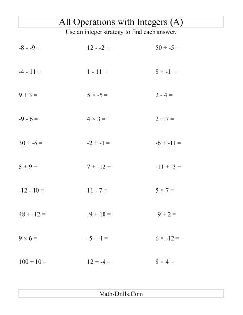 All Operations With Integers Range 12 To 12 With No Parentheses A 