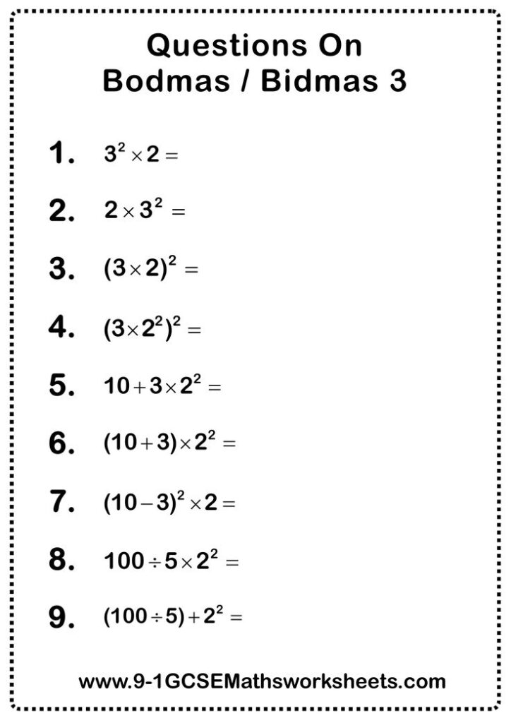 Bodmas Questions 3 Bodmas Grade 6 Math Worksheets Math Worksheet