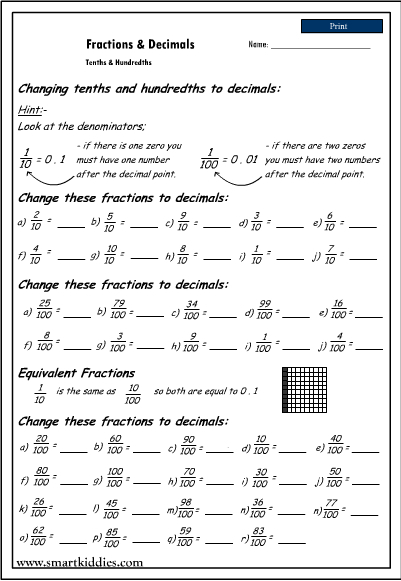 Converting Fractions To Decimals Tenths And Hundredths Worksheet