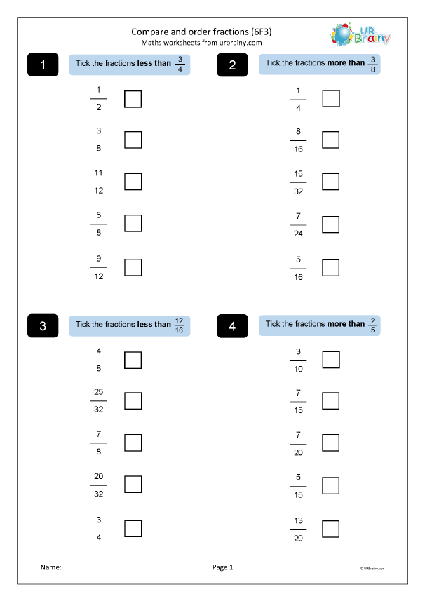 Comparing And Ordering Fractions And Mixed Numbers Worksheet